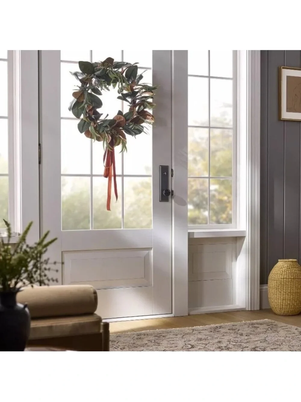 Studio McGee 26” Dia Green and Brown Magnolia and Olive Wreath with velvet bow